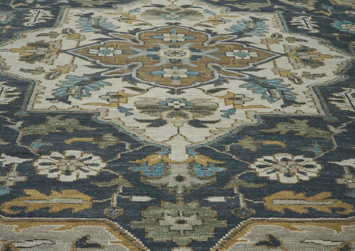 Palace Blue, Gray, Beige Color Hand Knotted Oushak Wool  Oriental Rug