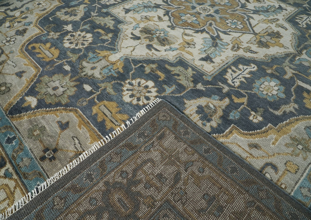 Palace Blue, Gray, Beige Color Hand Knotted Oushak Wool  Oriental Rug