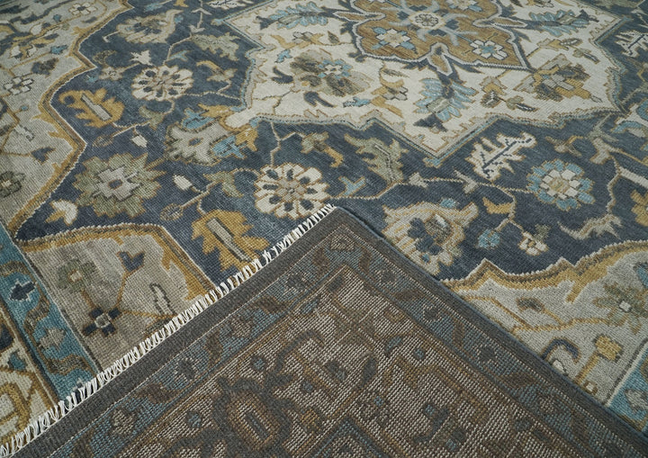 Palace Blue, Gray, Beige Color Hand Knotted Oushak Wool  Oriental Rug