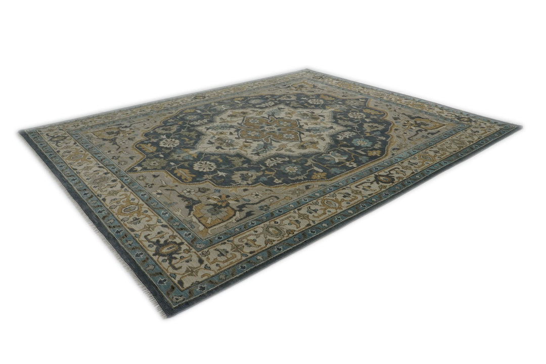 Palace Blue, Gray, Beige Color Hand Knotted Oushak Wool  Oriental Rug