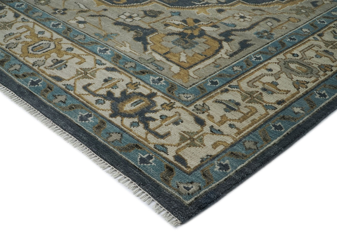 Palace Blue, Gray, Beige Color Hand Knotted Oushak Wool  Oriental Rug