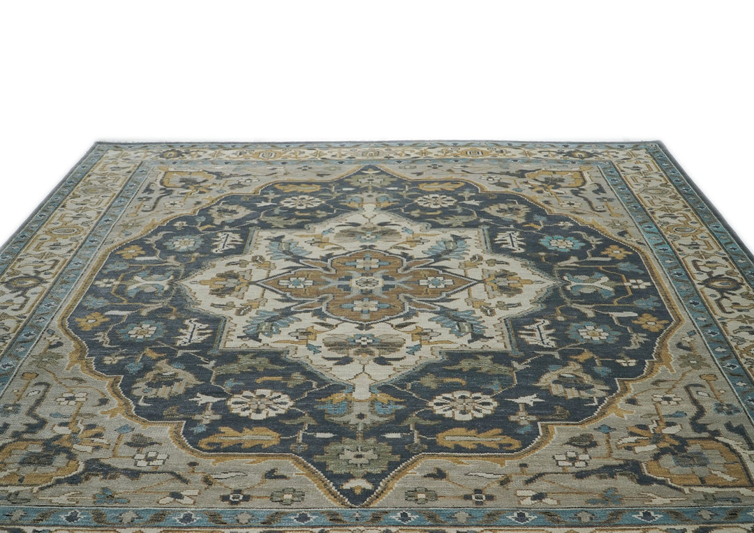 Palace Blue, Gray, Beige Color Hand Knotted Oushak Wool  Oriental Rug