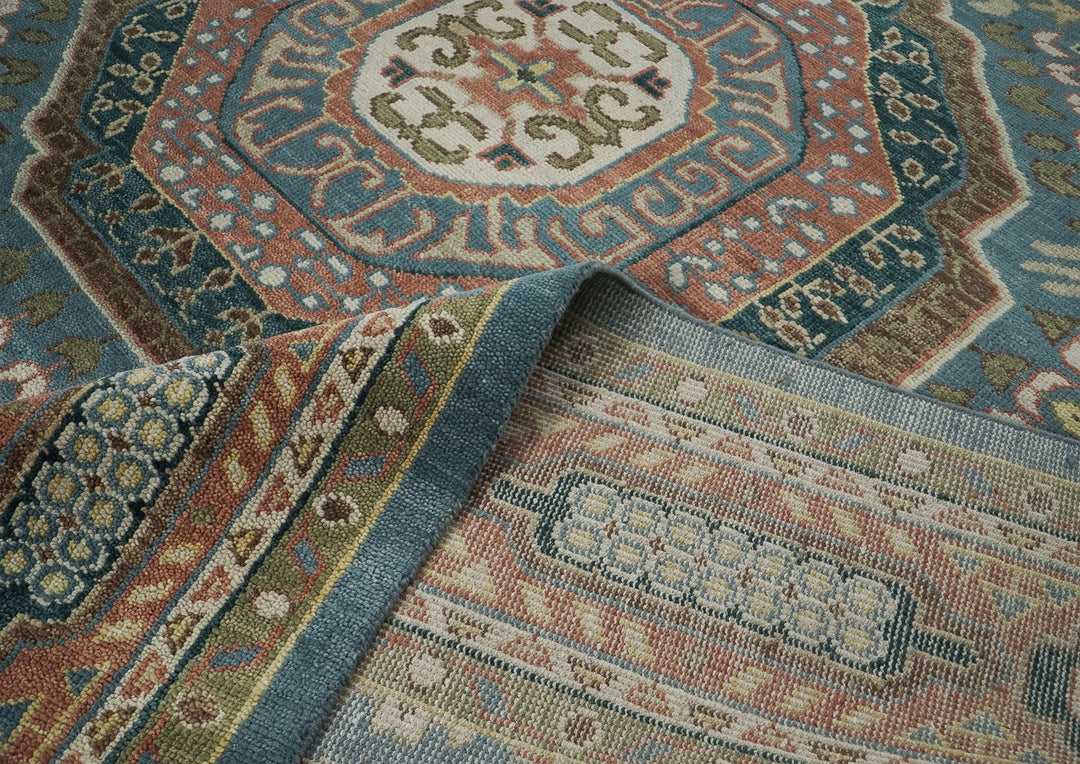 Palace Blue, Rose, Green Color Hand Knotted Oushak Wool Traditional Oriental Rug