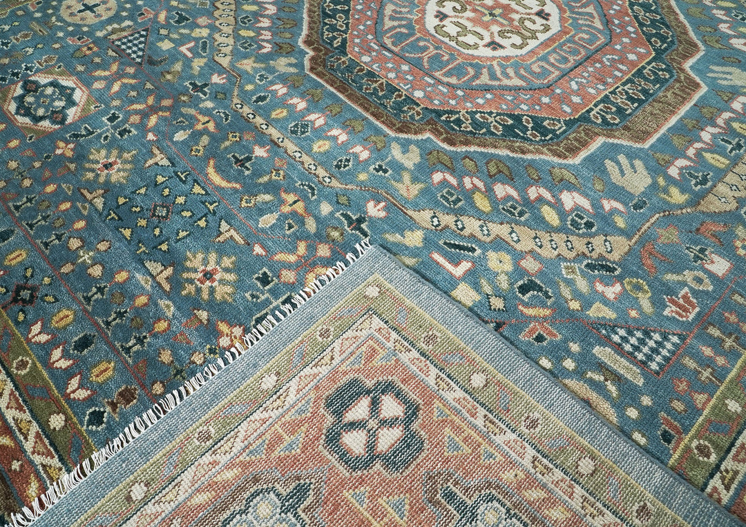 Palace Blue, Rose, Green Color Hand Knotted Oushak Wool Traditional Oriental Rug