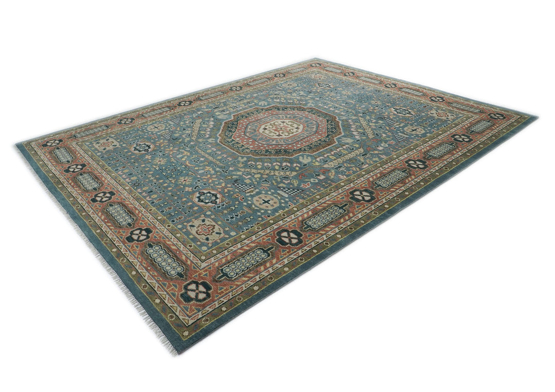 Palace Blue, Rose, Green Color Hand Knotted Oushak Wool Traditional Oriental Rug