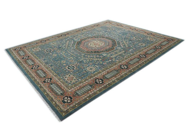 Palace Blue, Rose, Green Color Hand Knotted Oushak Wool Traditional Oriental Rug