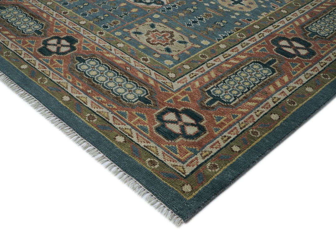 Palace Blue, Rose, Green Color Hand Knotted Oushak Wool Traditional Oriental Rug