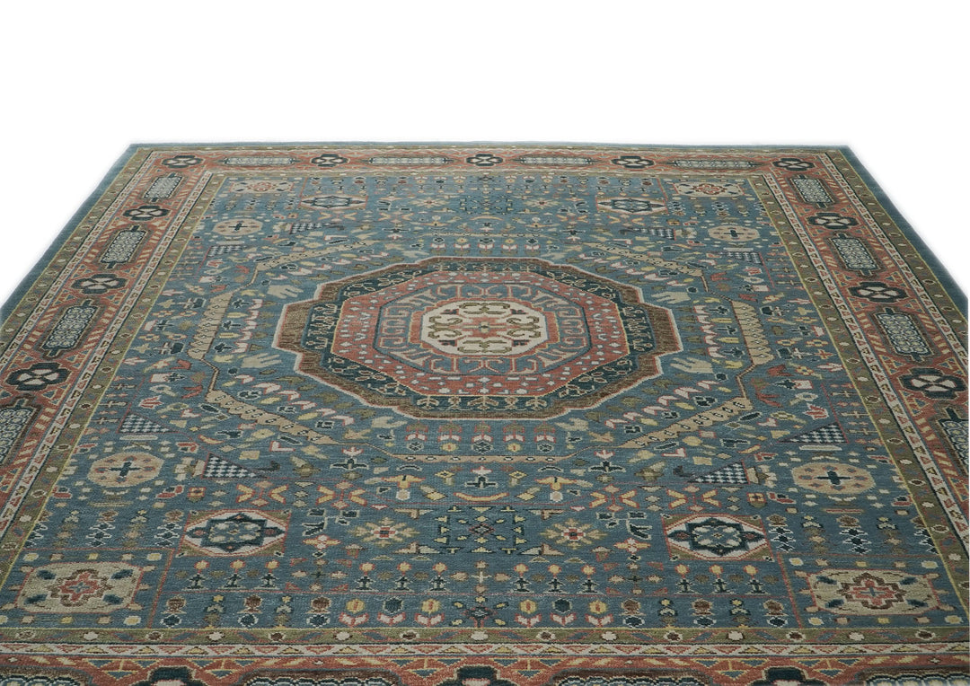 12x15 Blue, Rose, Green Color Hand Knotted Oushak Wool Traditional Oriental Rug
