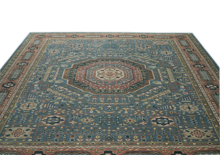 Palace Blue, Rose, Green Color Hand Knotted Oushak Wool Traditional Oriental Rug
