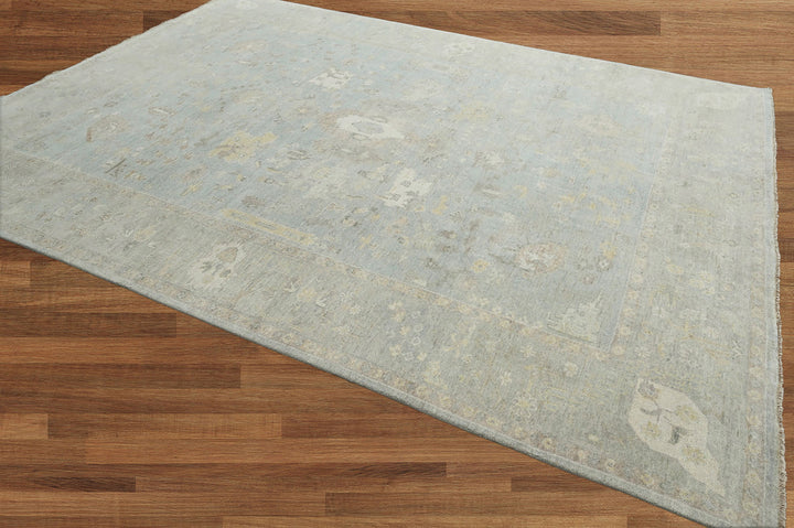 Celeste Rugs Hand Knotted Oushak 100% Wool Traditional Oriental Area Rug Multi Sizes Colors Slate Gray, Blue, & Beige.