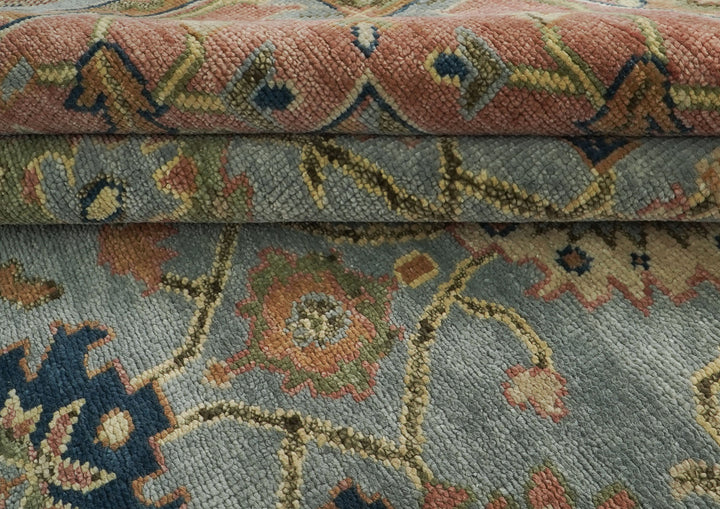 Palace Blue, Peach, Lime Color Hand Knotted Oushak Wool  Oriental Rug