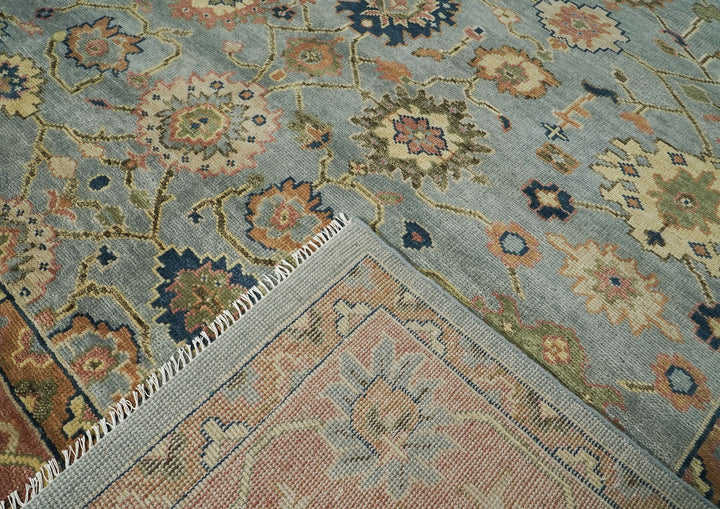Palace Blue, Peach, Lime Color Hand Knotted Oushak Wool  Oriental Rug