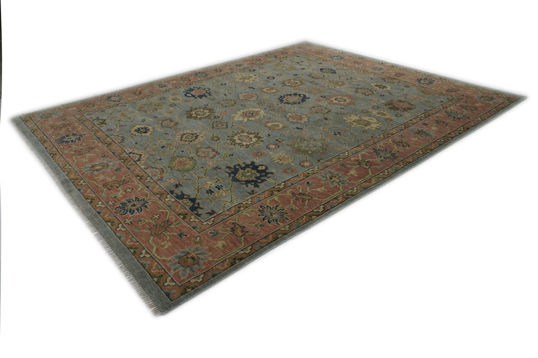 Palace Blue, Peach, Lime Color Hand Knotted Oushak Wool  Oriental Rug