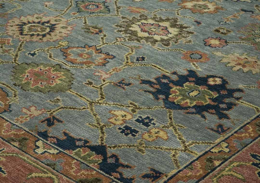 Palace Blue, Peach, Lime Color Hand Knotted Oushak Wool  Oriental Rug