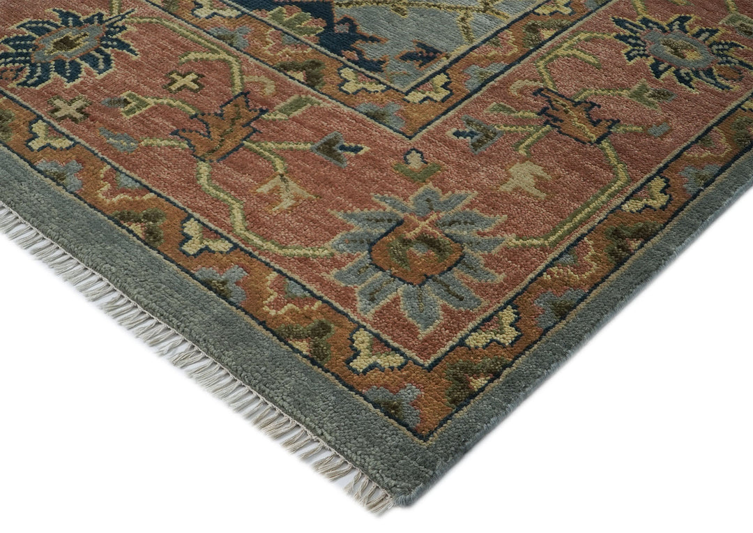 Palace Blue, Peach, Lime Color Hand Knotted Oushak Wool  Oriental Rug