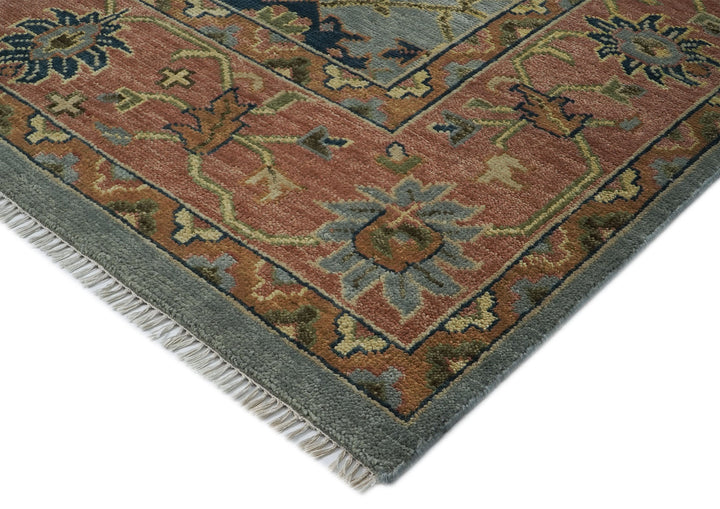 Palace Blue, Peach, Lime Color Hand Knotted Oushak Wool  Oriental Rug
