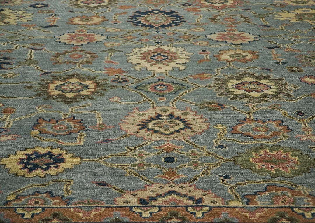 Palace Blue, Peach, Lime Color Hand Knotted Oushak Wool  Oriental Rug