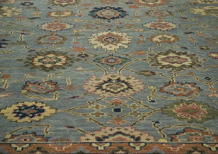 Palace Blue, Peach, Lime Color Hand Knotted Oushak Wool  Oriental Rug
