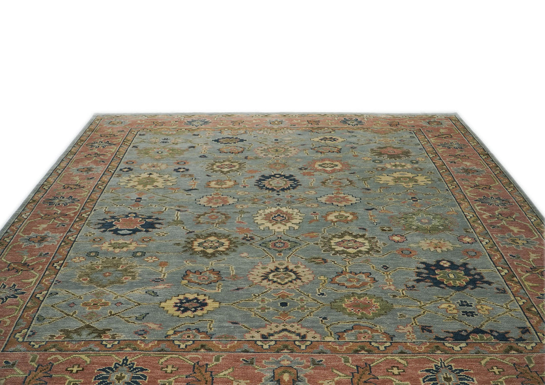 Palace Blue, Peach, Lime Color Hand Knotted Oushak Wool  Oriental Rug