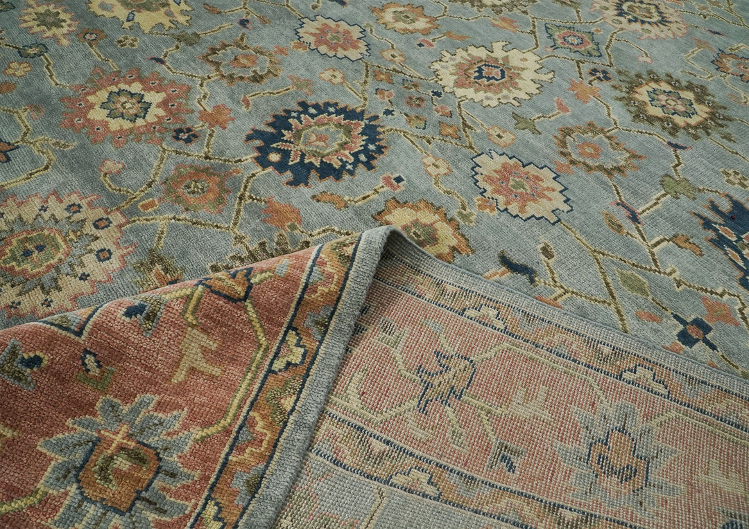 Palace Blue, Peach, Lime Color Hand Knotted Oushak Wool  Oriental Rug