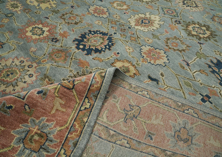 Palace Blue, Peach, Lime Color Hand Knotted Oushak Wool  Oriental Rug