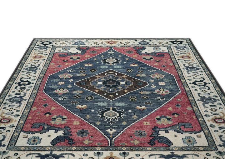 9x12 Pink, Blue, Ivory Color Hand Knotted Oushak Wool Traditional Oriental Rug