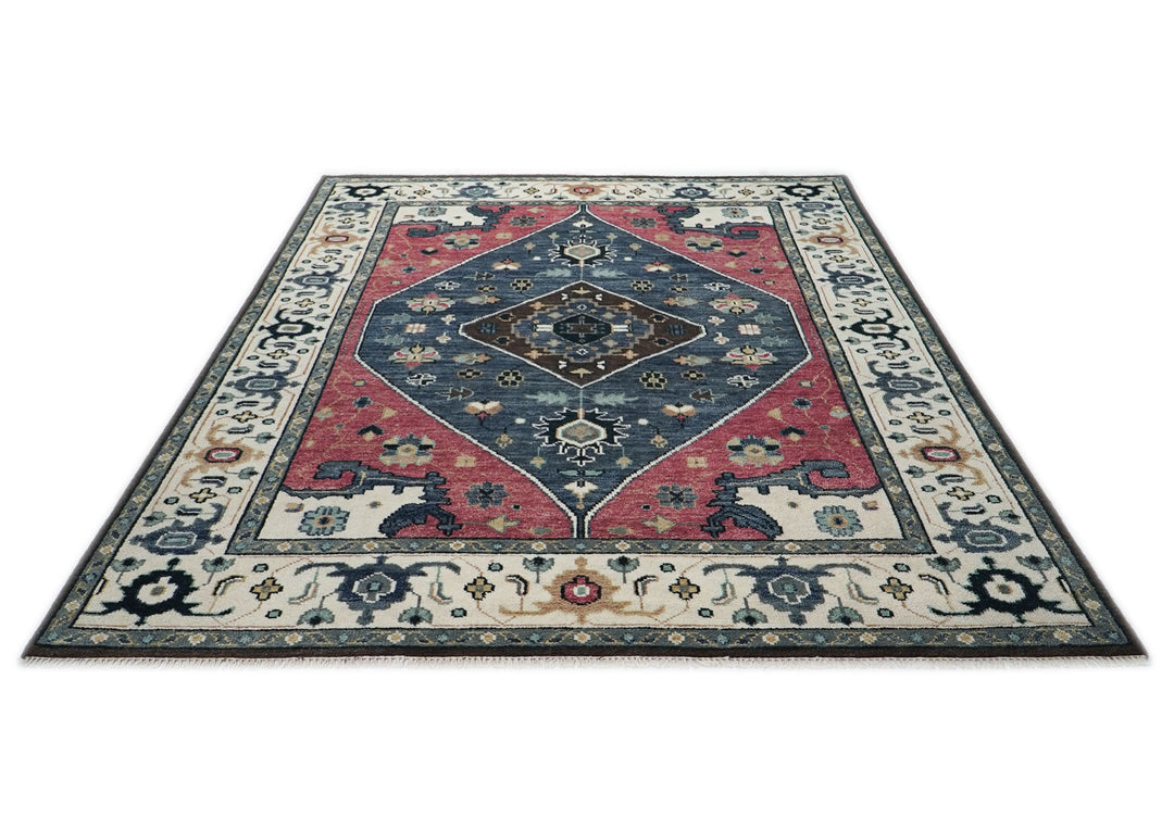 9x12 Pink, Blue, Ivory Color Hand Knotted Oushak Wool Traditional Oriental Rug