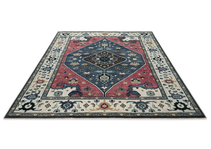 9x12 Pink, Blue, Ivory Color Hand Knotted Oushak Wool Traditional Oriental Rug