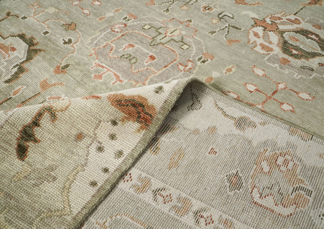 10x14 Green, Ivory, Rust Color Hand Knotted Oushak Wool Transitional Oriental Rug
