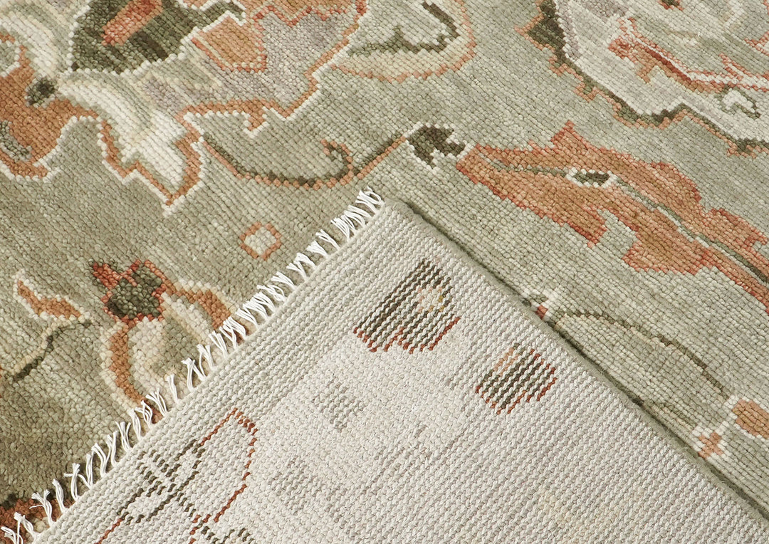 10x14 Green, Ivory, Rust Color Hand Knotted Oushak Wool Transitional Oriental Rug