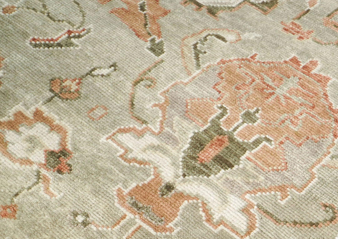 10x14 Green, Ivory, Rust Color Hand Knotted Oushak Wool Transitional Oriental Rug