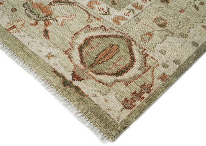 10x14 Green, Ivory, Rust Color Hand Knotted Oushak Wool Transitional Oriental Rug