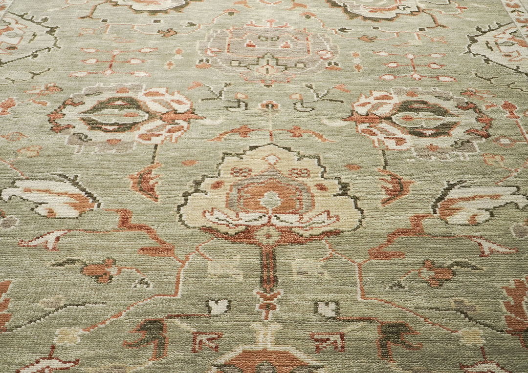 10x14 Green, Ivory, Rust Color Hand Knotted Oushak Wool Transitional Oriental Rug