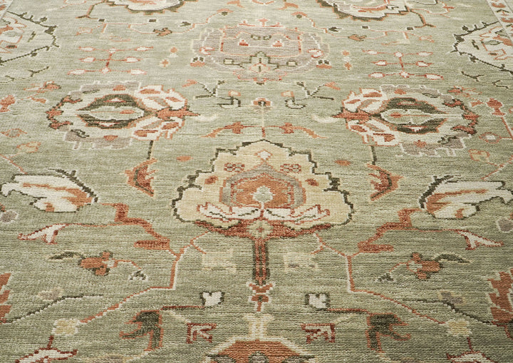 10x14 Green, Ivory, Rust Color Hand Knotted Oushak Wool Transitional Oriental Rug