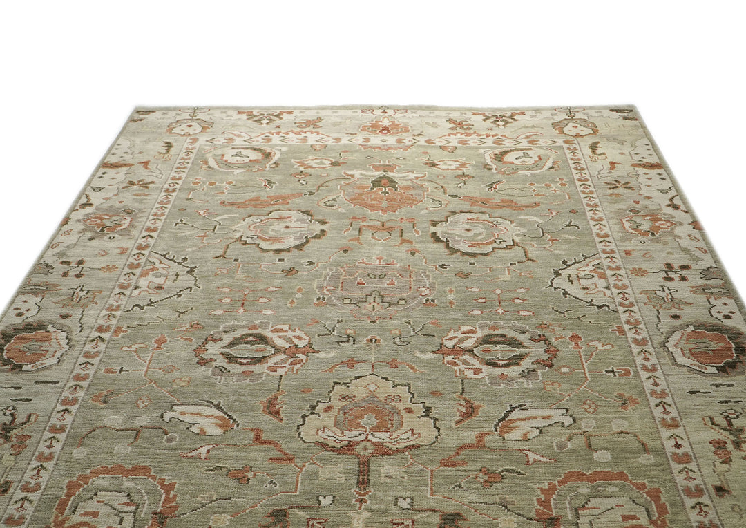 10x14 Green, Ivory, Rust Color Hand Knotted Oushak Wool Transitional Oriental Rug