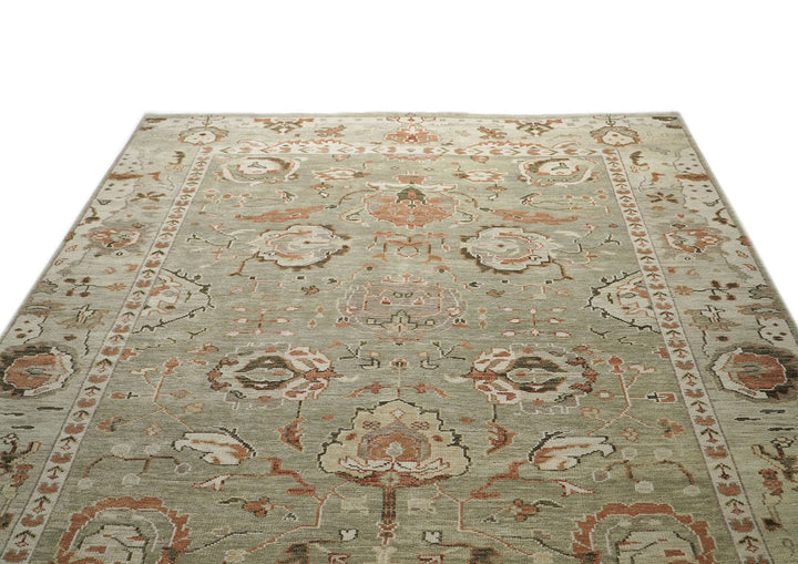10x14 Green, Ivory, Rust Color Hand Knotted Oushak Wool Transitional Oriental Rug