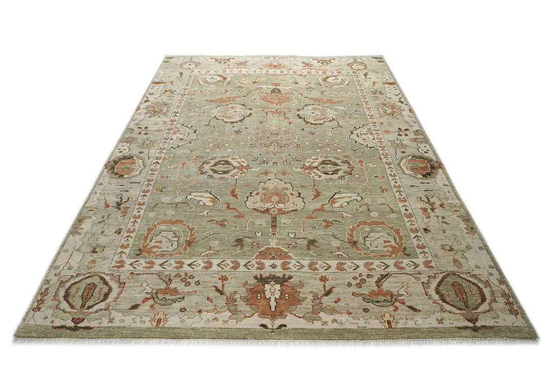 10x14 Green, Ivory, Rust Color Hand Knotted Oushak Wool Transitional Oriental Rug