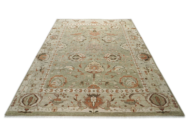 10x14 Green, Ivory, Rust Color Hand Knotted Oushak Wool Transitional Oriental Rug