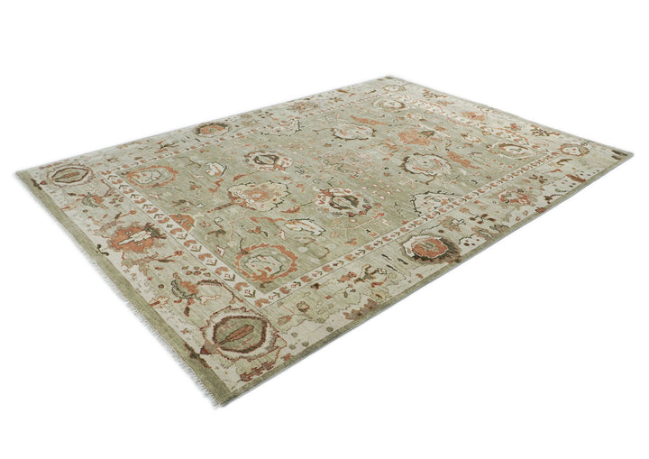 10x14 Green, Ivory, Rust Color Hand Knotted Oushak Wool Transitional Oriental Rug
