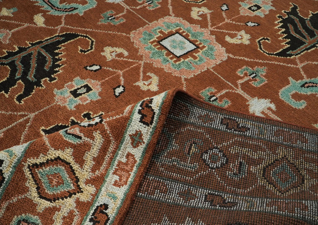 9x12 Burnt Orange, Aqua, Rose Color Hand Knotted Oushak Wool Arts and Crafts Oriental Rug