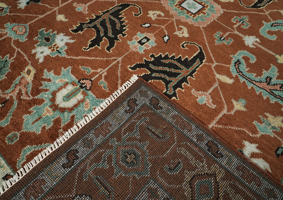 9x12 Burnt Orange, Aqua, Rose Color Hand Knotted Oushak Wool Arts and Crafts Oriental Rug