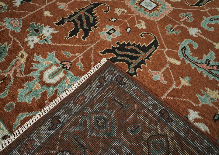 9x12 Burnt Orange, Aqua, Rose Color Hand Knotted Oushak Wool Arts and Crafts Oriental Rug