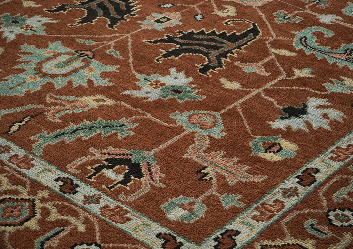 9x12 Burnt Orange, Aqua, Rose Color Hand Knotted Oushak Wool Arts and Crafts Oriental Rug
