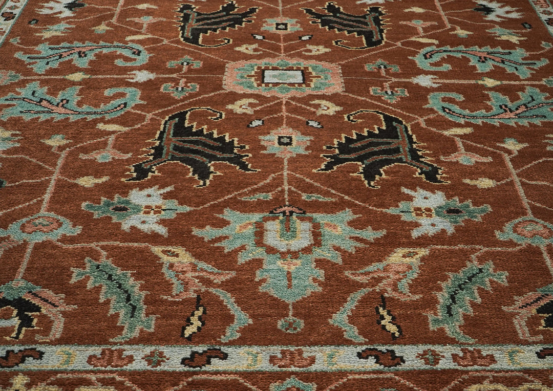 9x12 Burnt Orange, Aqua, Rose Color Hand Knotted Oushak Wool Arts and Crafts Oriental Rug