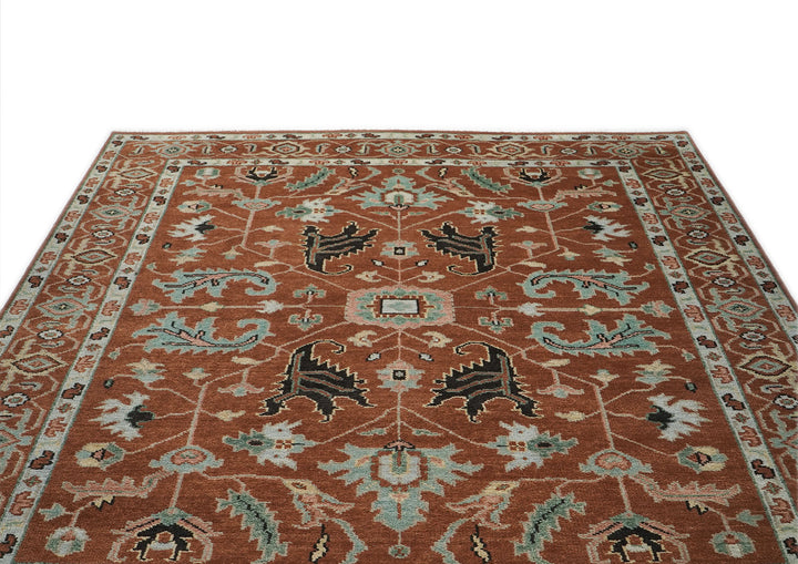 9x12 Burnt Orange, Aqua, Rose Color Hand Knotted Oushak Wool Arts and Crafts Oriental Rug