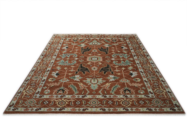 9x12 Burnt Orange, Aqua, Rose Color Hand Knotted Oushak Wool Arts and Crafts Oriental Rug