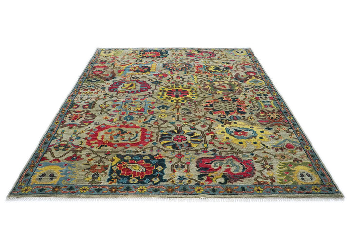 9x12 Moss, Coral, Orange Color Hand Knotted Oushak Wool Arts and Crafts Oriental Rug