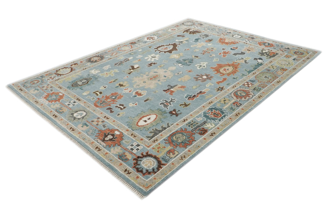 9x12 Blue, Ivory, Taupe Color Hand Knotted Oushak Wool Arts and Crafts Oriental Rug