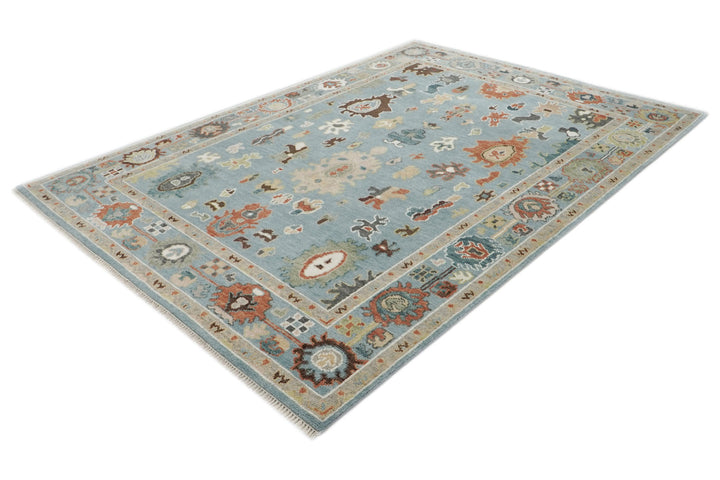 9x12 Blue, Ivory, Taupe Color Hand Knotted Oushak Wool Arts and Crafts Oriental Rug