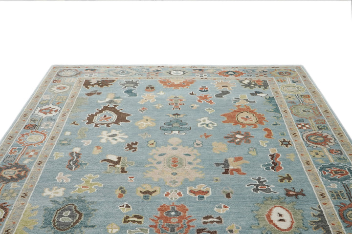 9x12 Blue, Ivory, Taupe Color Hand Knotted Oushak Wool Arts and Crafts Oriental Rug